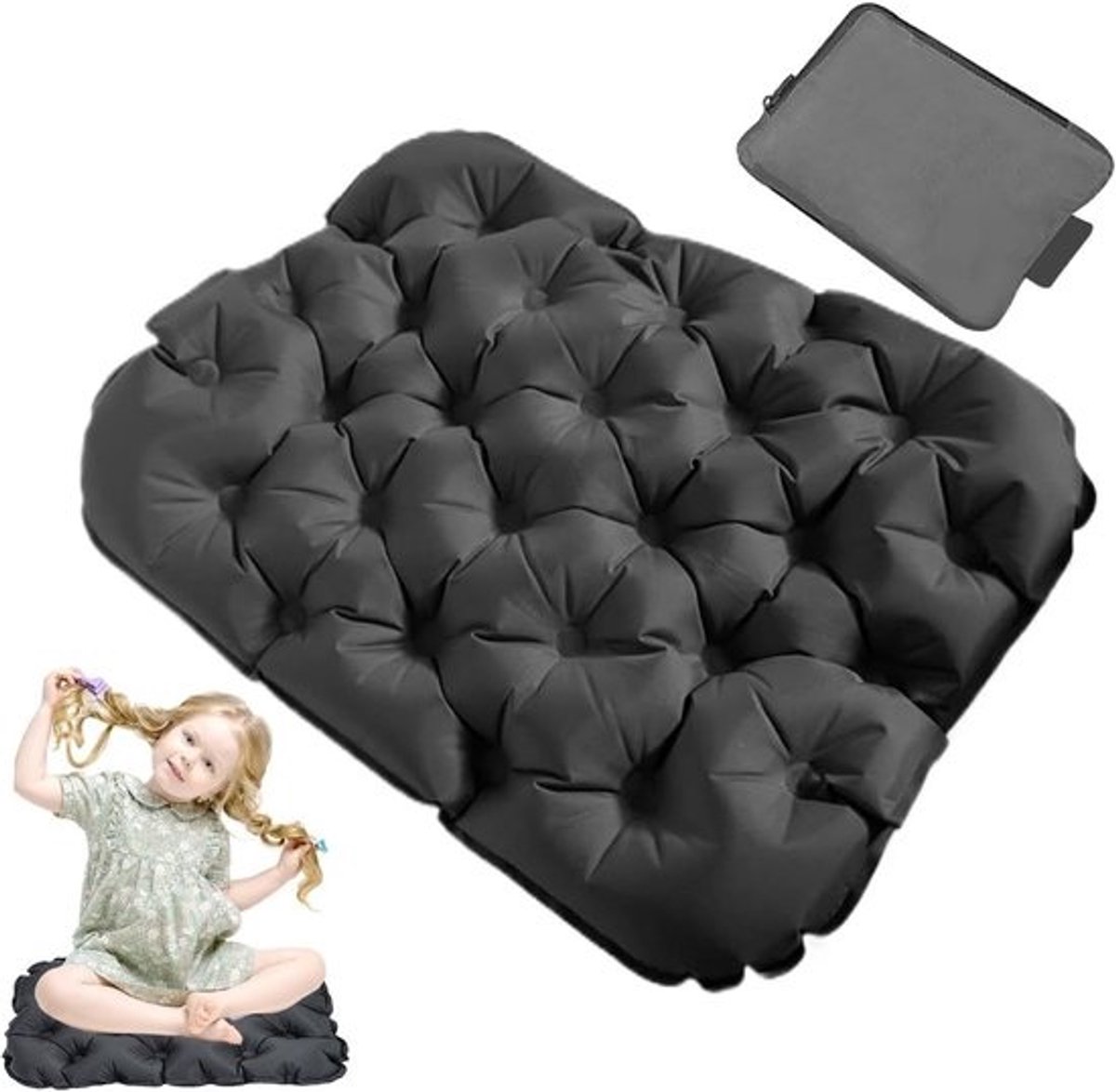 Opblaasbaar Reiskussen voor Onderweg - Draagbaar Luchtkussen voor Comfortabel Zitten - Waterdicht Nylon Materiaal - Ideaal voor Vliegtuig Trein of Auto - Afmeting 40x30x7 cm