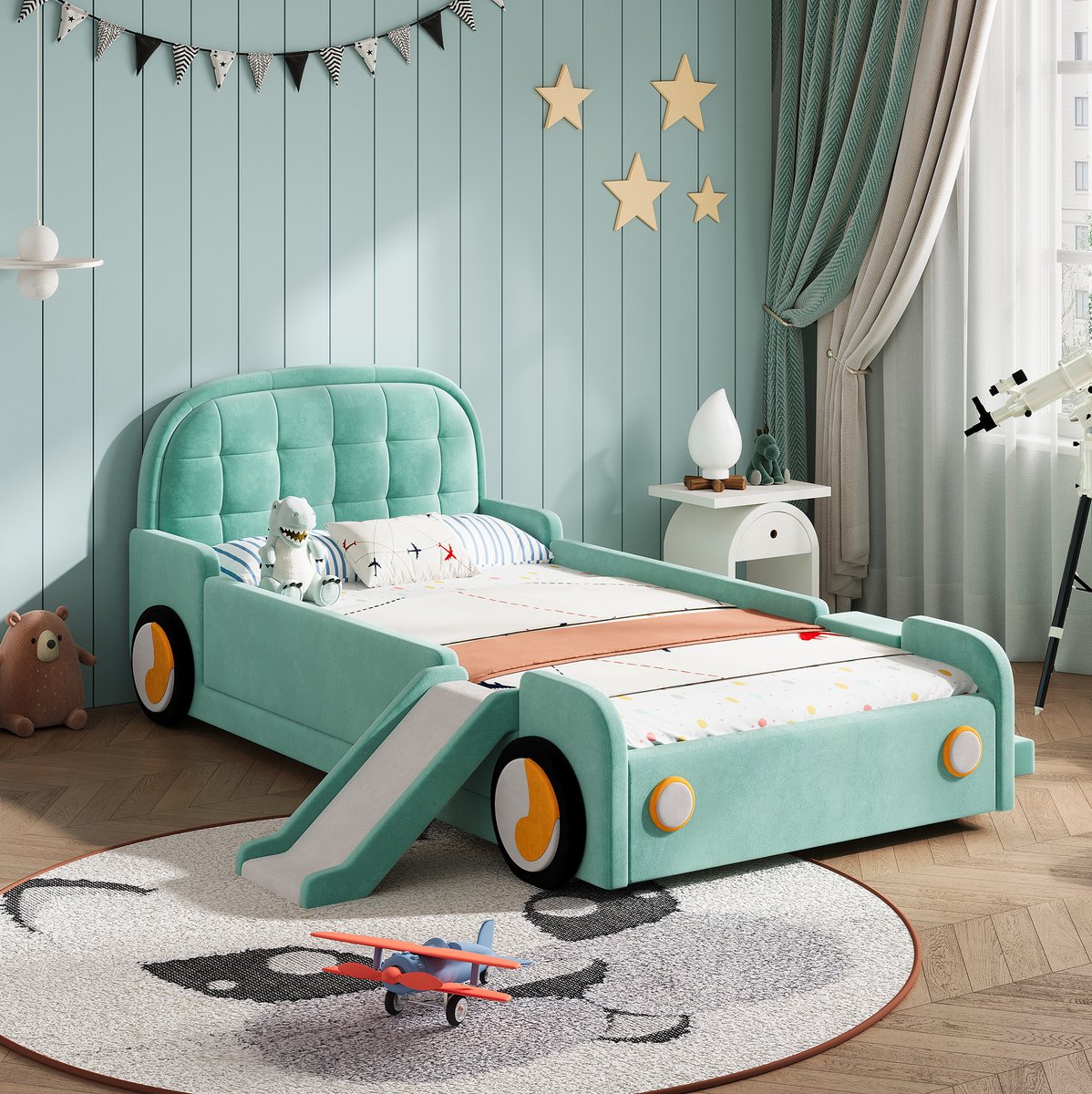 MODENUIT Kinderbed - Autobed met Glijbaan en Trap - 90 x 200 cm - Stof - Blauwgroen - Lage Ligging met Zijbescherming