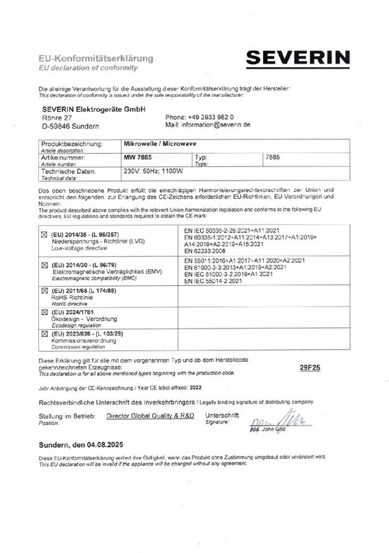 EU-conformiteitsverklaring voor Severin magnetron MW 7885, 17 liter, 6 vermogensstanden, compact, wit.