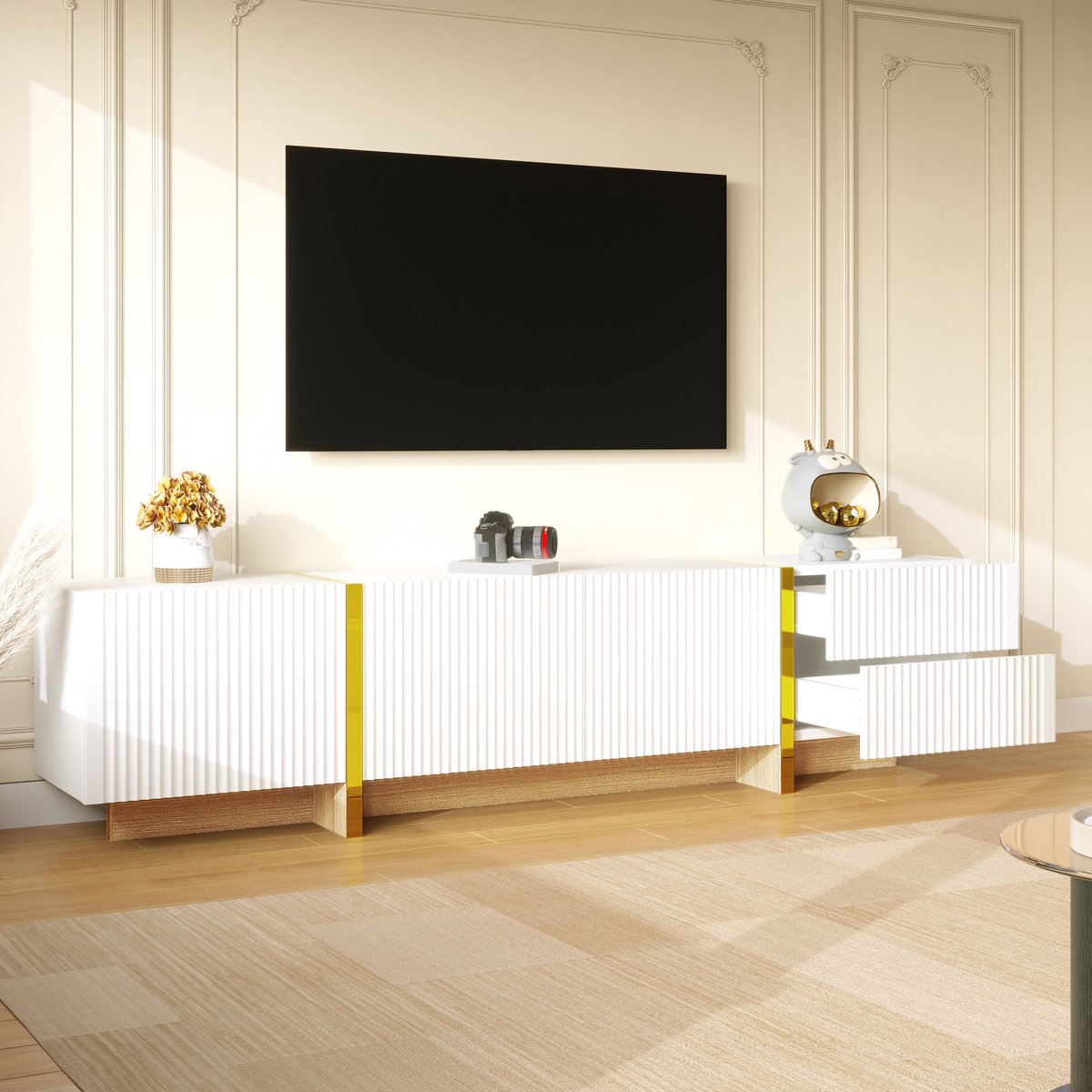 MUVANO Tv Meubel 190 cm - Tv Kast Wit Met Goud - Tv Meubel 55 Inch - Dressoir Met Opbergruimte - 190x35x45 cm - Entertainment - Woonkamer Wit Goud