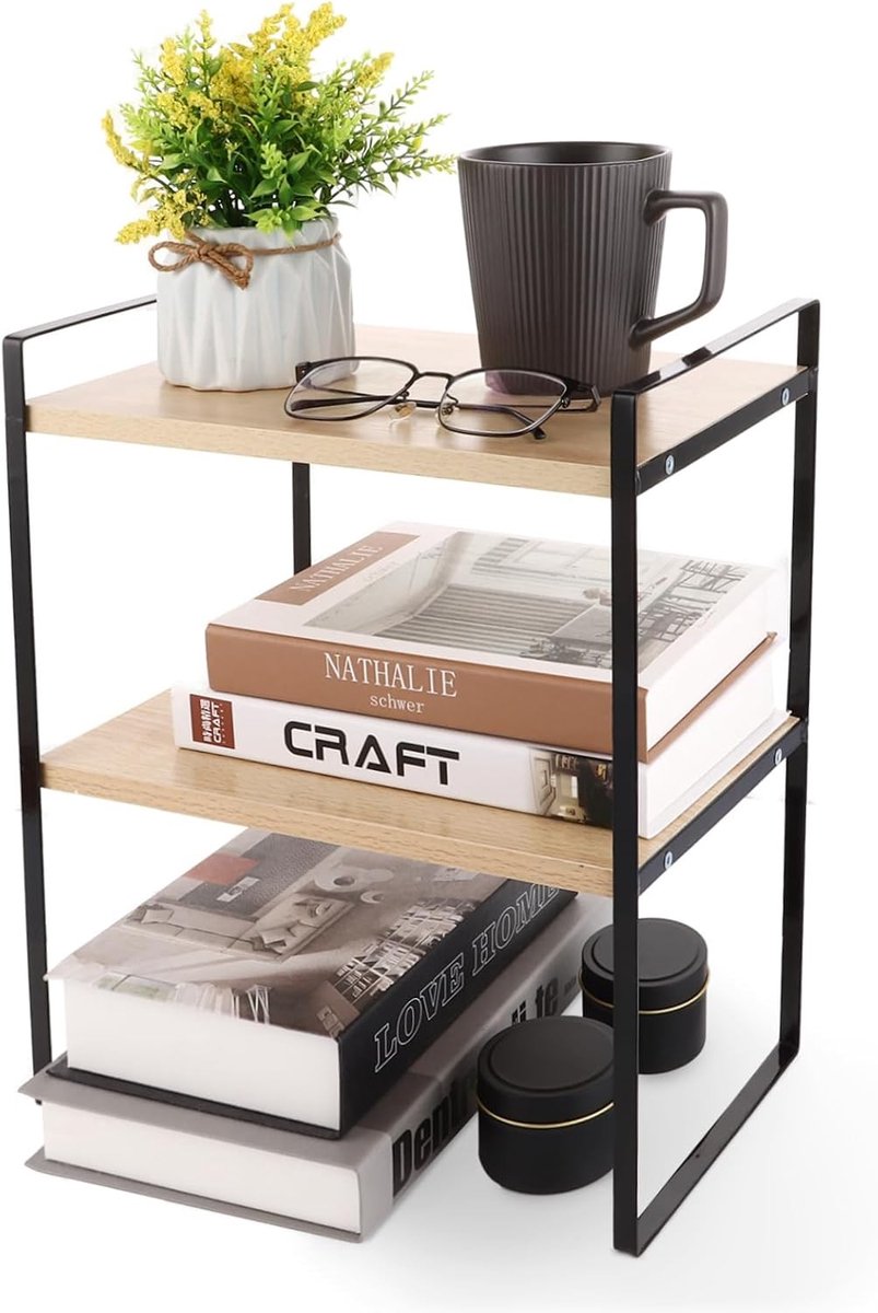 Houten 2-traps boekenplank voor bureau en keuken, multifunctionele mini-shelf voor werkoppervlak en opbergruimte
