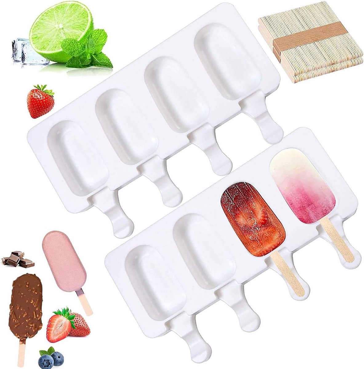 Siliconen IJs Mallen met 8 Holes voor Popsicles, Herbruikbare IJs Mallen voor Kinderen en Volwassenen, Perfect voor Desserts en Chocolade (inclusief 100 Sticks)