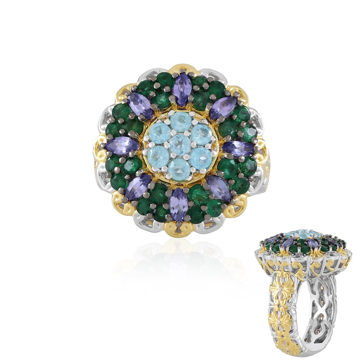 Cavill - Zilveren Damesring met 2,07 ct Tanzaniet Marquise & Paraiba Apatiet - 925 Sterling Zilver Palladium - Elegante Bloemmotief Ring