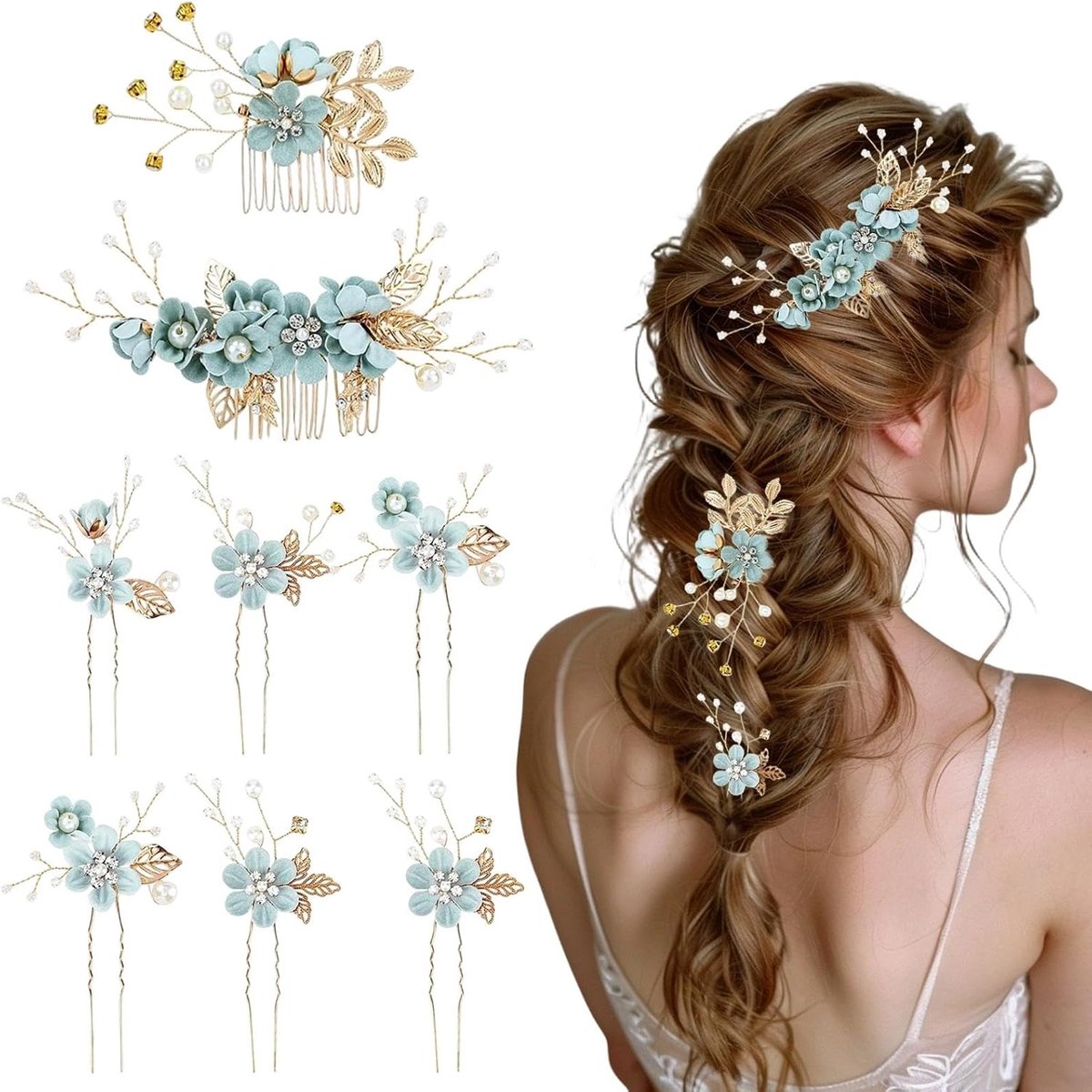 6 stuks haaraccessoires voor bruiloft, met strass en parels en 2 haarkammen, haarsieraad, haarkam voor bruiloft, voor vrouwen en meisjes