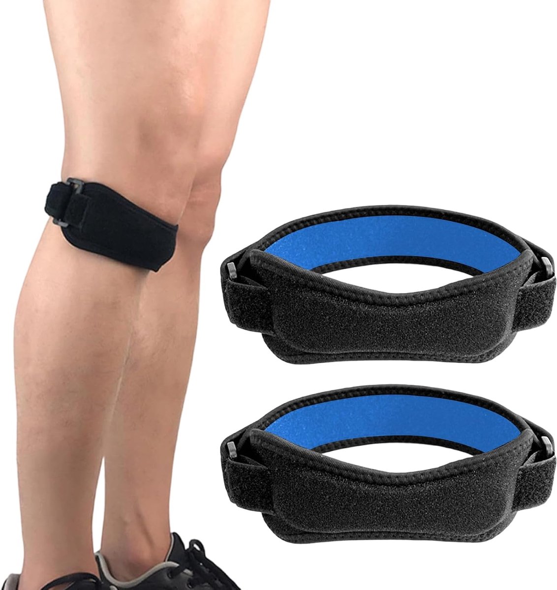 Set van 2 kniebandages, kniebandage, sport, verstelbaar, met siliconen kussen, voor hardlopen, wandelen, fietsen, ondersteuning en gewrichtsbescherming, zwart