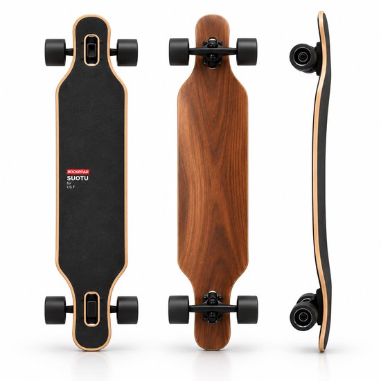 Zicht op de bovenkant, onderkant en zijkant van een Suotu longboard met een natuurlijke houtnerfafwerking en zwarte grip tape.