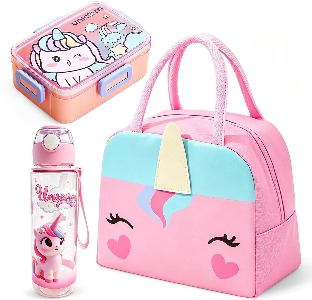 Lunchbox Set - Lekvrije Broodtrommel & Fles - Rosa Eenhoorn - Perfect voor school - ShopVlot