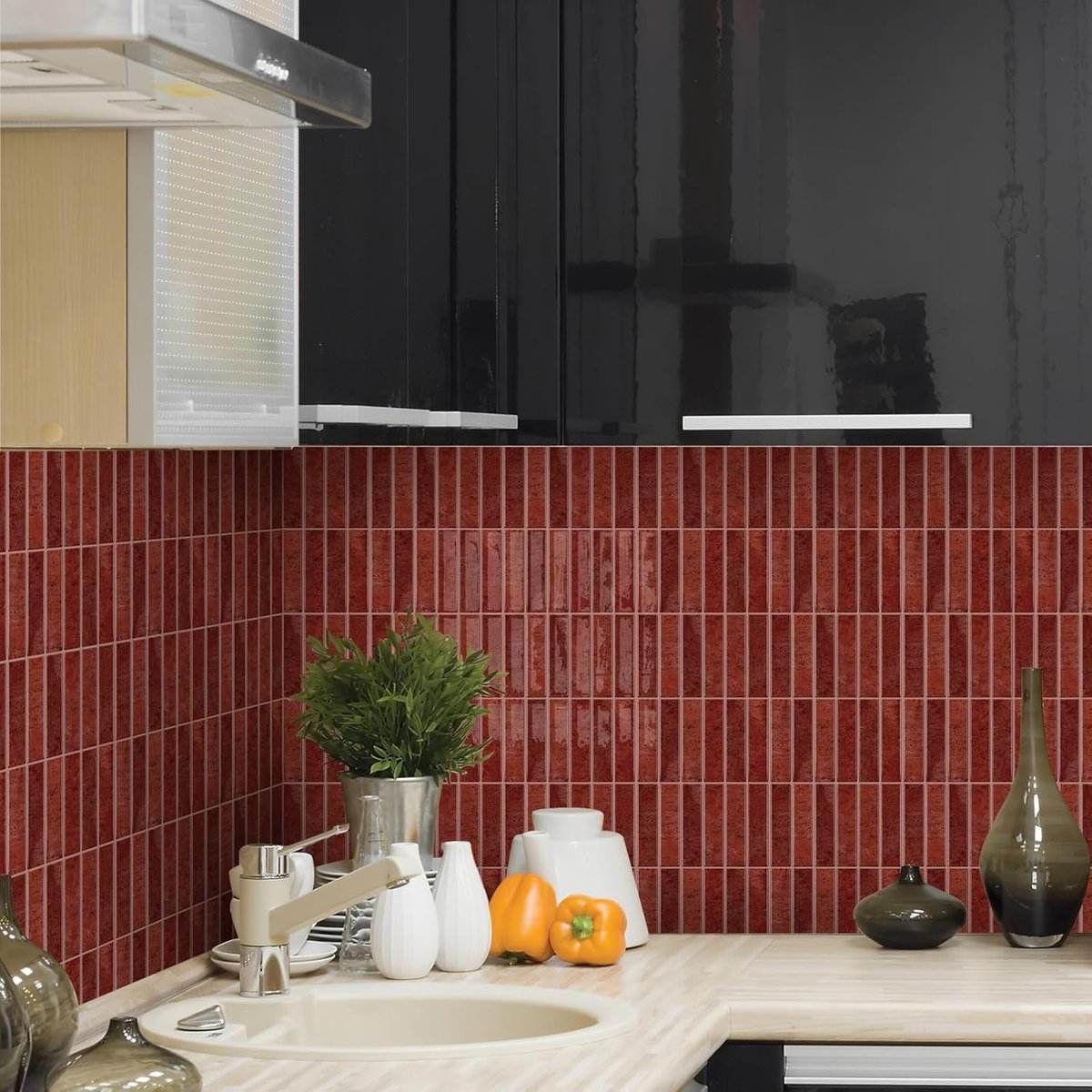 Set van 10 Zelfklevende 3D Vinyl Tegels in Rood Marmerstijl voor Keuken en Badkamer Decoratie, Perfect voor Subway Tegels en Muurafwerking