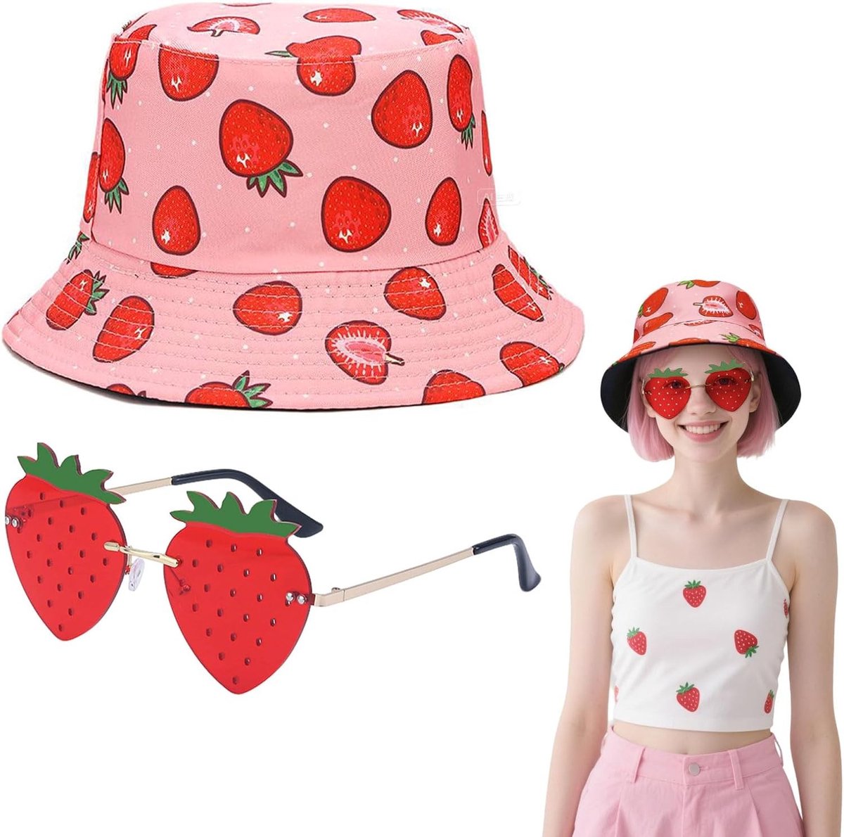 Reversible Fisherman Hat en Zonnebril Set voor Buitenactiviteiten in de Zomer - Ideaal voor Carnaval en Kostuums (Roze)