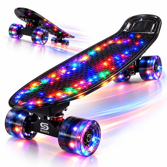 Zwart skateboard met gekleurde LED-lampjes op het dek en de wielen. Beweegt snel met lichtsporen.