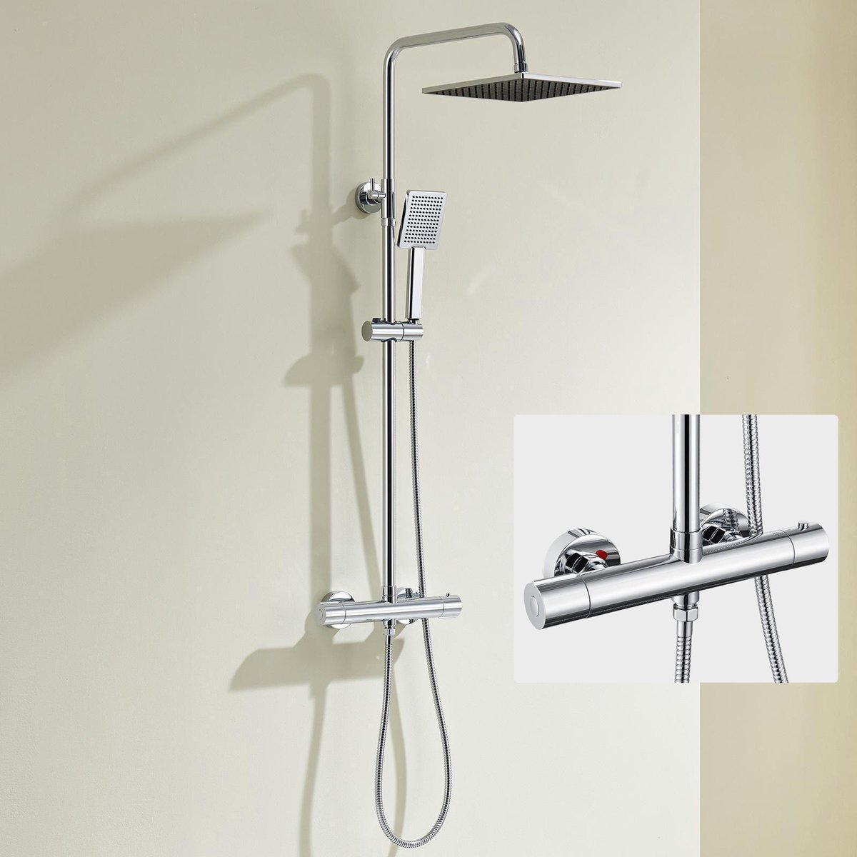 Auralum Max Regendouche - Ø 25.4 cm - Regendouche en Handdouche - Inclusief thermostaatkraan - 15 cm hartafstand - Doucheset - Verstelbare douchestang 88-124 cm - Chroom