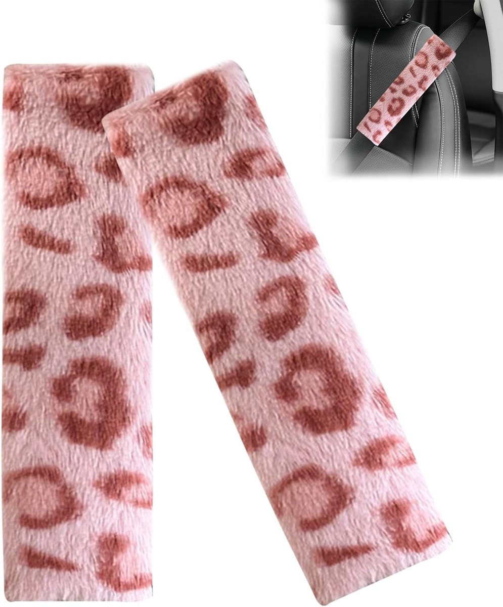 Set van 2 Zachte Autogordel Pads, Faux Konijnenbont met Luipaardpatroon, Comfortabele Bescherming voor Autogordels, Auto-accessoires voor Veiligheid en Comfort