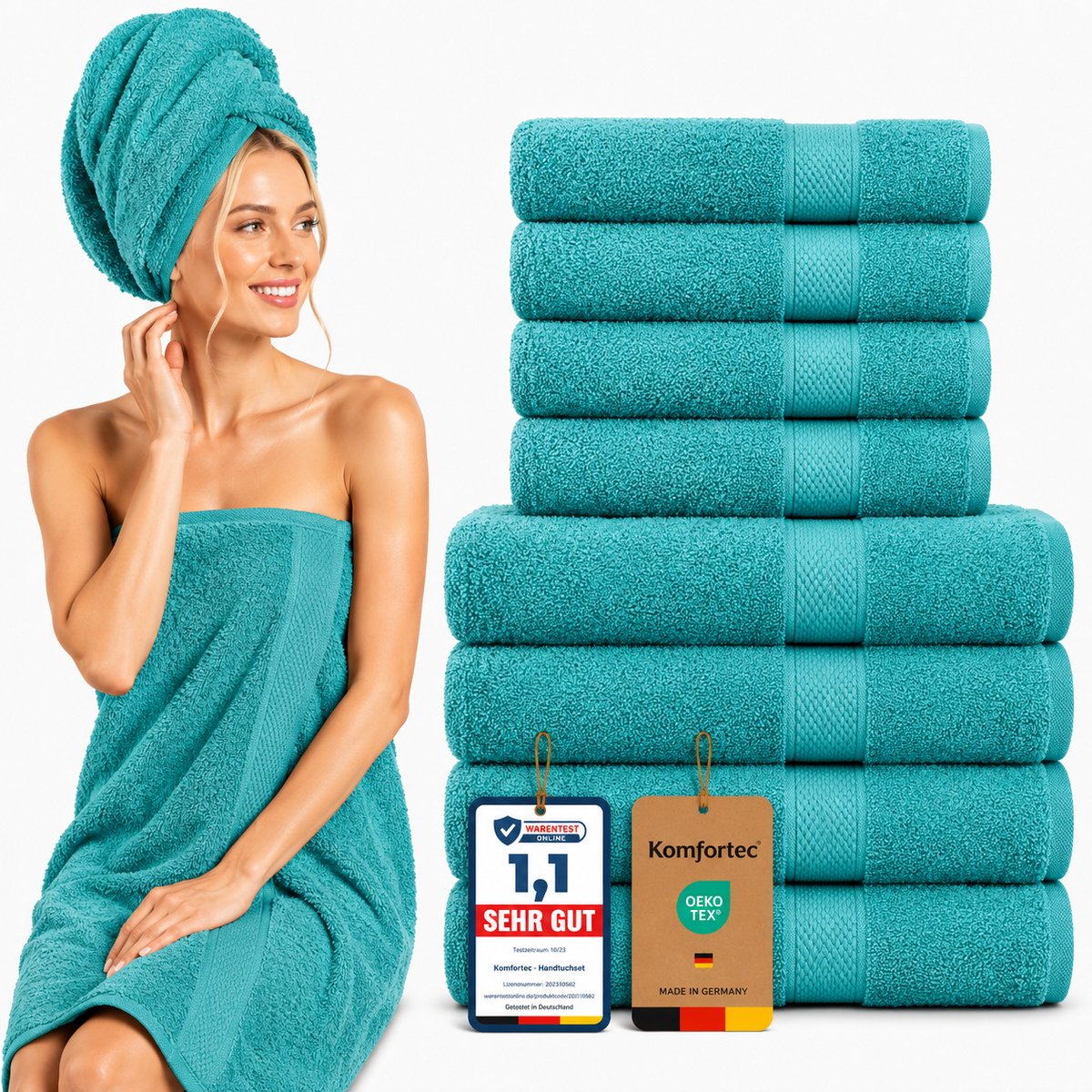 Komfortec Handdoekenset – Set van 8 - 4x Handdoek 50x100 cm en 4x Badhanddoek 70x140 cm - 100% Katoen - Aqua