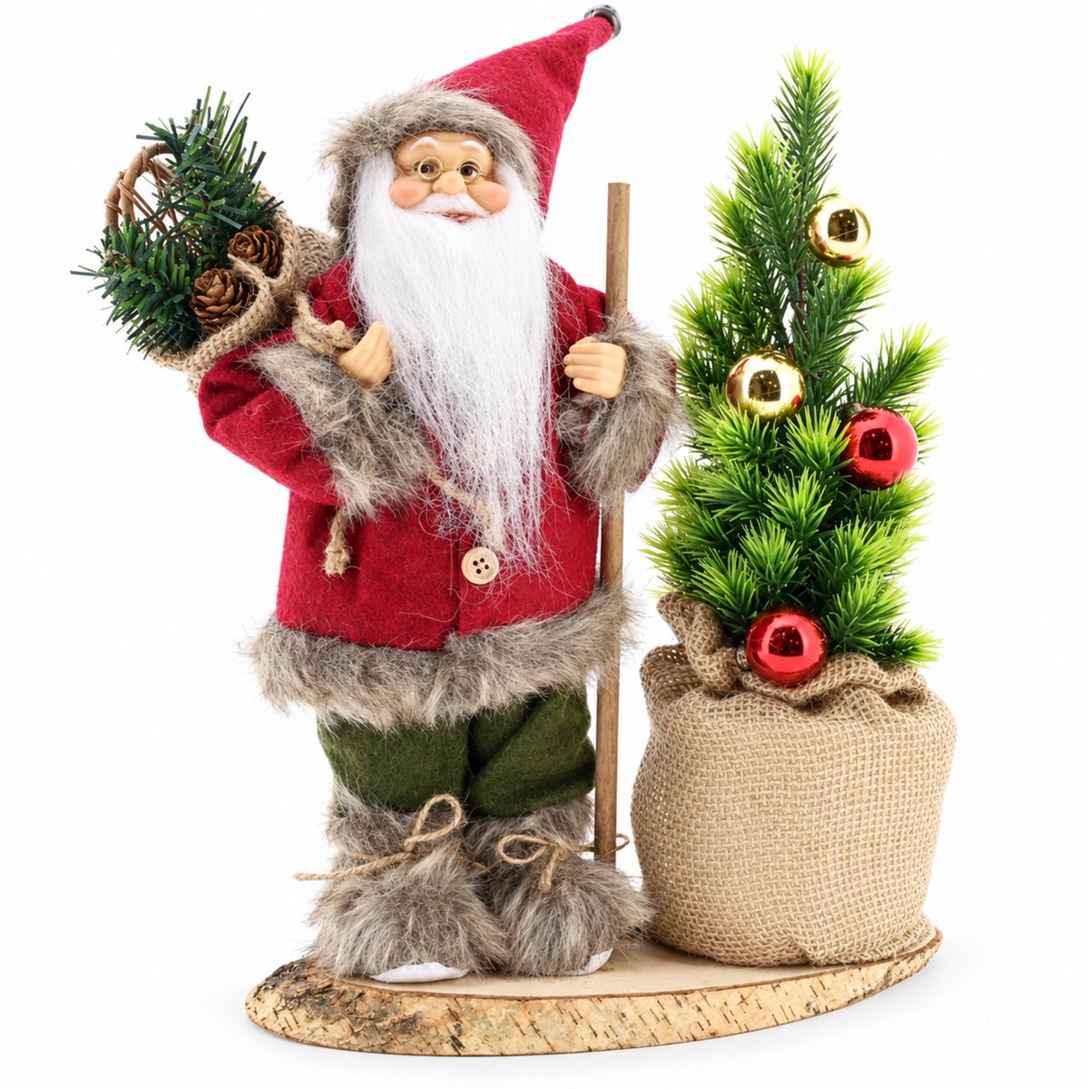 Benza – Kerstman met Verlichte Kerstboom – 30 cm – Met Wandelstok en Jutezak – Op Houten Voet – Rood-Groen