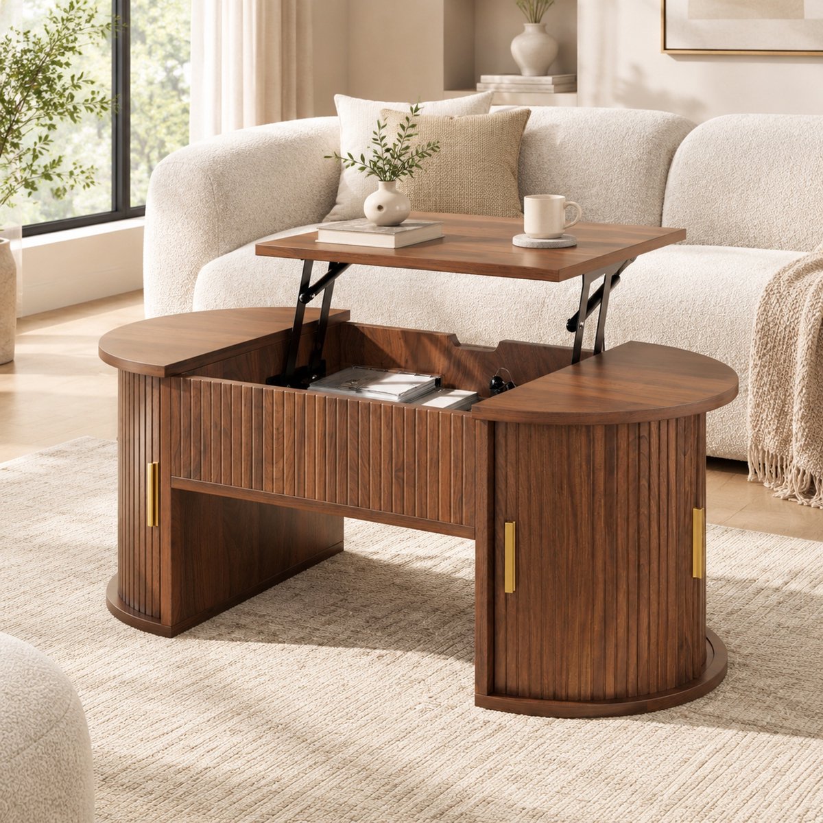 MIVRAY Salontafel - Verstelbaar Tafelblad Met Schuifdeuren - Voor Woonkamer En Thuiskantoor - MDF Walnoot - 100x50x40,5 Cm Notenhout