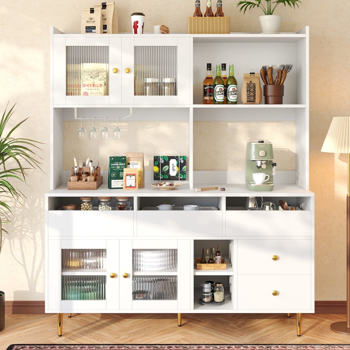 MEUNIQ Buffetkast 145 x 39 x 171 cm met glazen deuren, wijnrek, open vakken en lades voor eetkamer of keuken, wit met gouden accenten