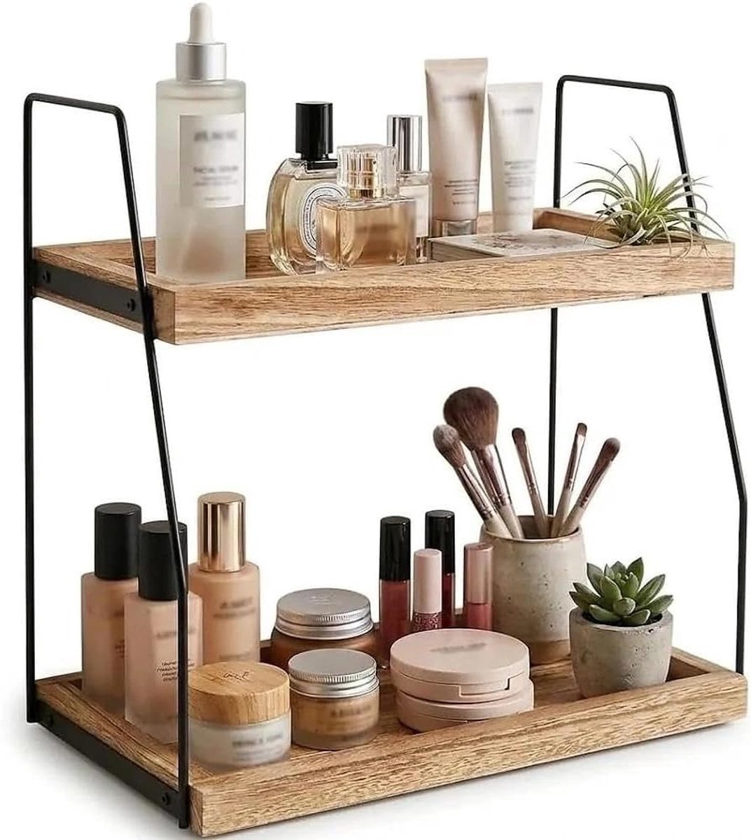 Houten Koffie Organizer voor Keukenopslag, 2-laags Kruidrek voor Thuis en Kantoor, Praktische Keukenaccessoires en Opbergoplossingen