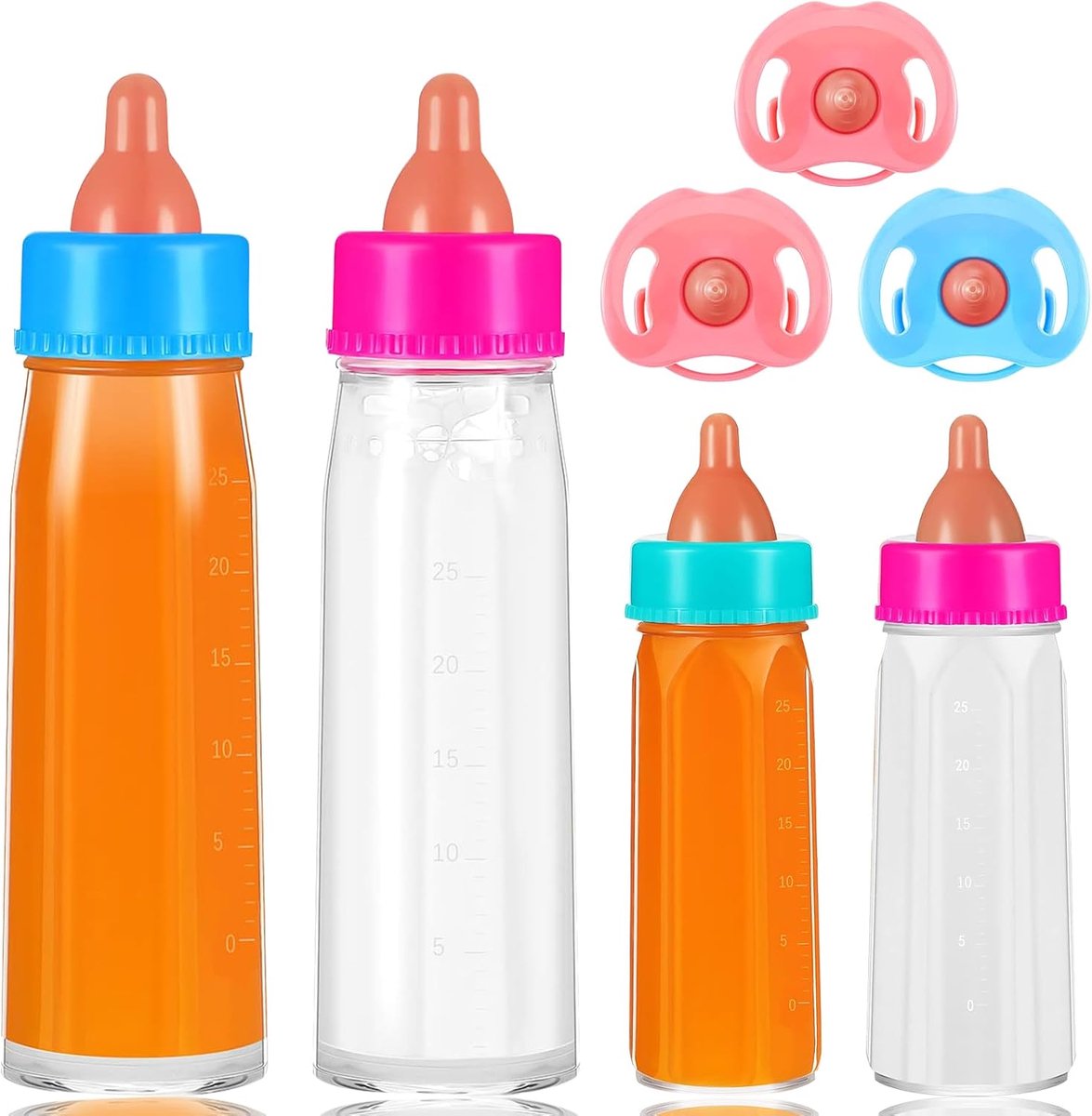 Fles baby pop melkflesje met fopspeen, magische poppenfles met melk, 7 stuks poppenaccessoires met poppenfopspeen, pop voederset met verdwijnende melk