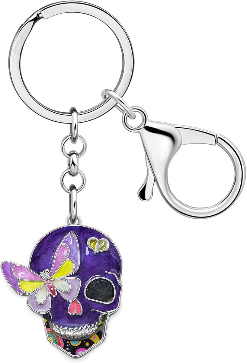 Legering Halloween Bloem Schedel Sleutelhanger Autosleutels Portemonnee Charms Tas Accessoires Suiker Schedel Geschenken voor Vrouwen Meisjes, Violet, M