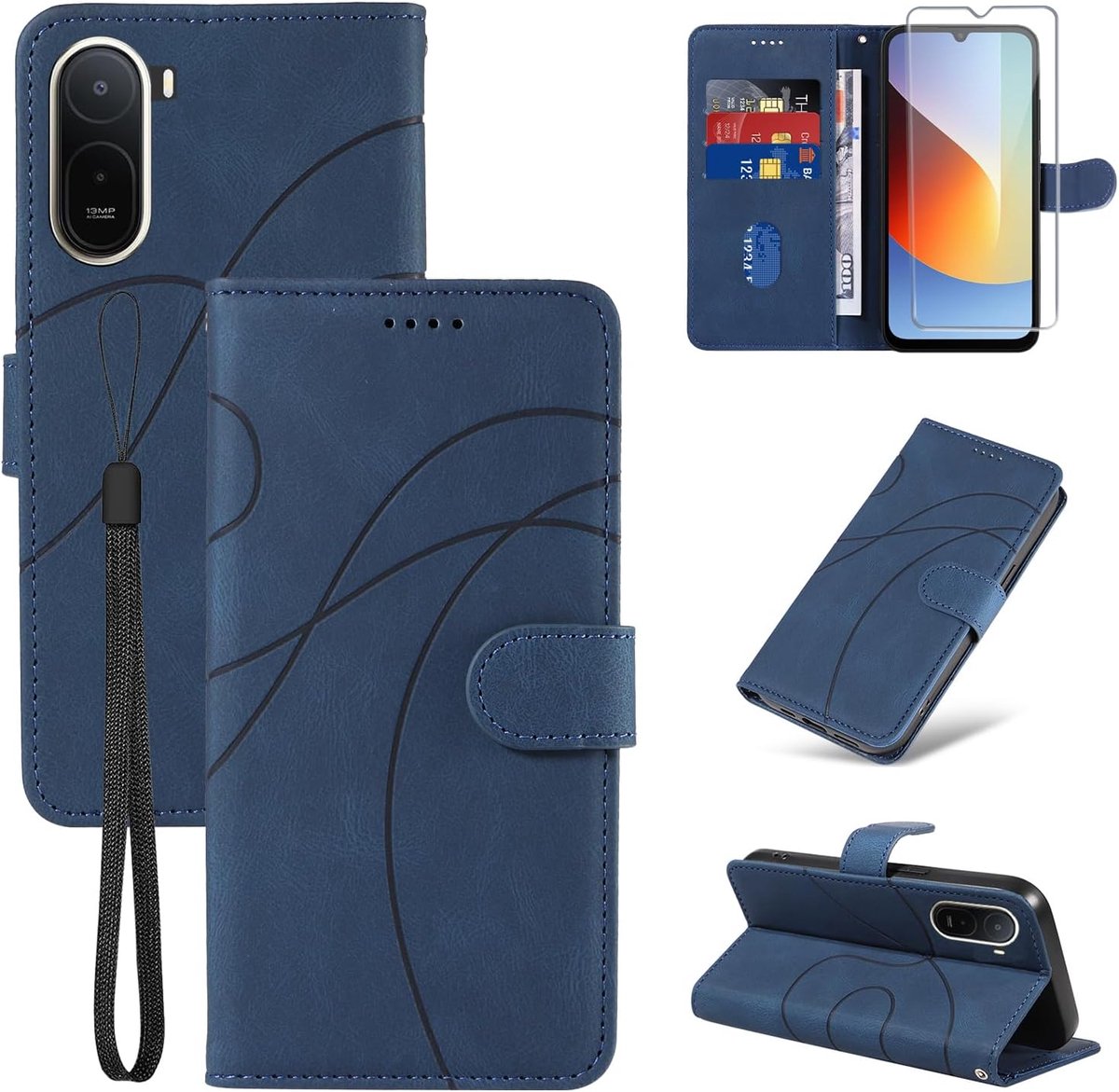 Beschermhoes voor Xiaomi Redmi A7 Pro 4G met 1 stuk gehard glas, premium PU-leer, multifunctioneel, magnetisch, portefeuille, flip beschermhoes voor Xiaomi Redmi A7 Pro 4G, blauw