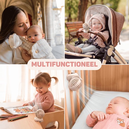 Vulpes Goods® BabyCare – Kinderwagen Ventilator met Klem – Mini Ventilator – Oplaadbaar – Slechts 138 gram – USB-C – 3 Standen – 2000 mAh – Beige — afbeelding 4