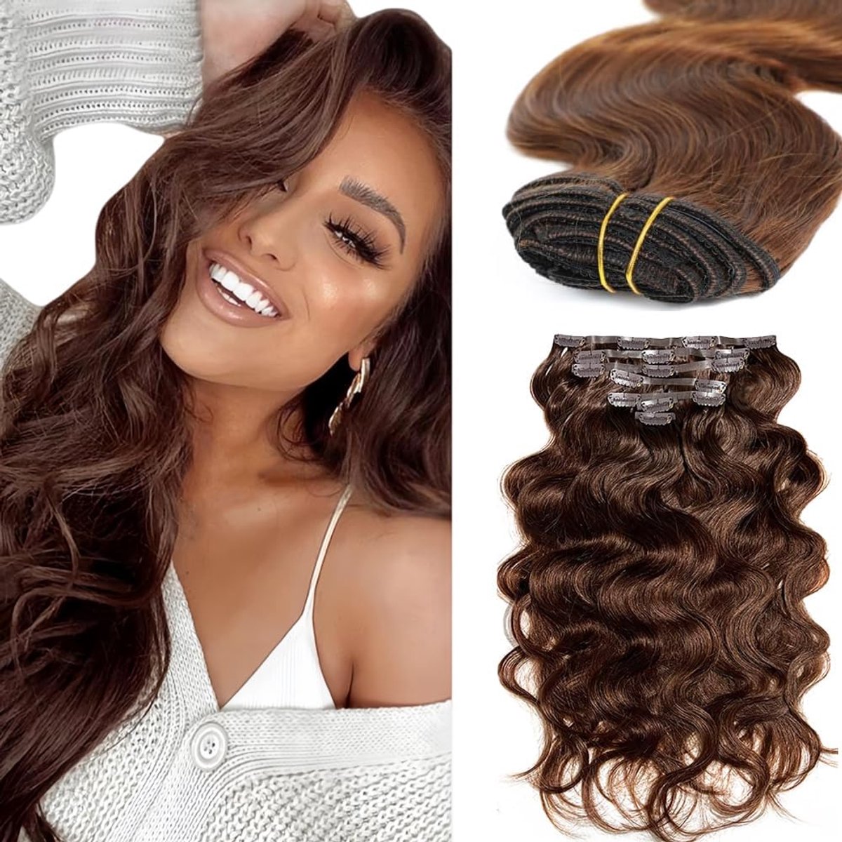 Clip in haarverlengingen, golvend, bruin, 26 inch
