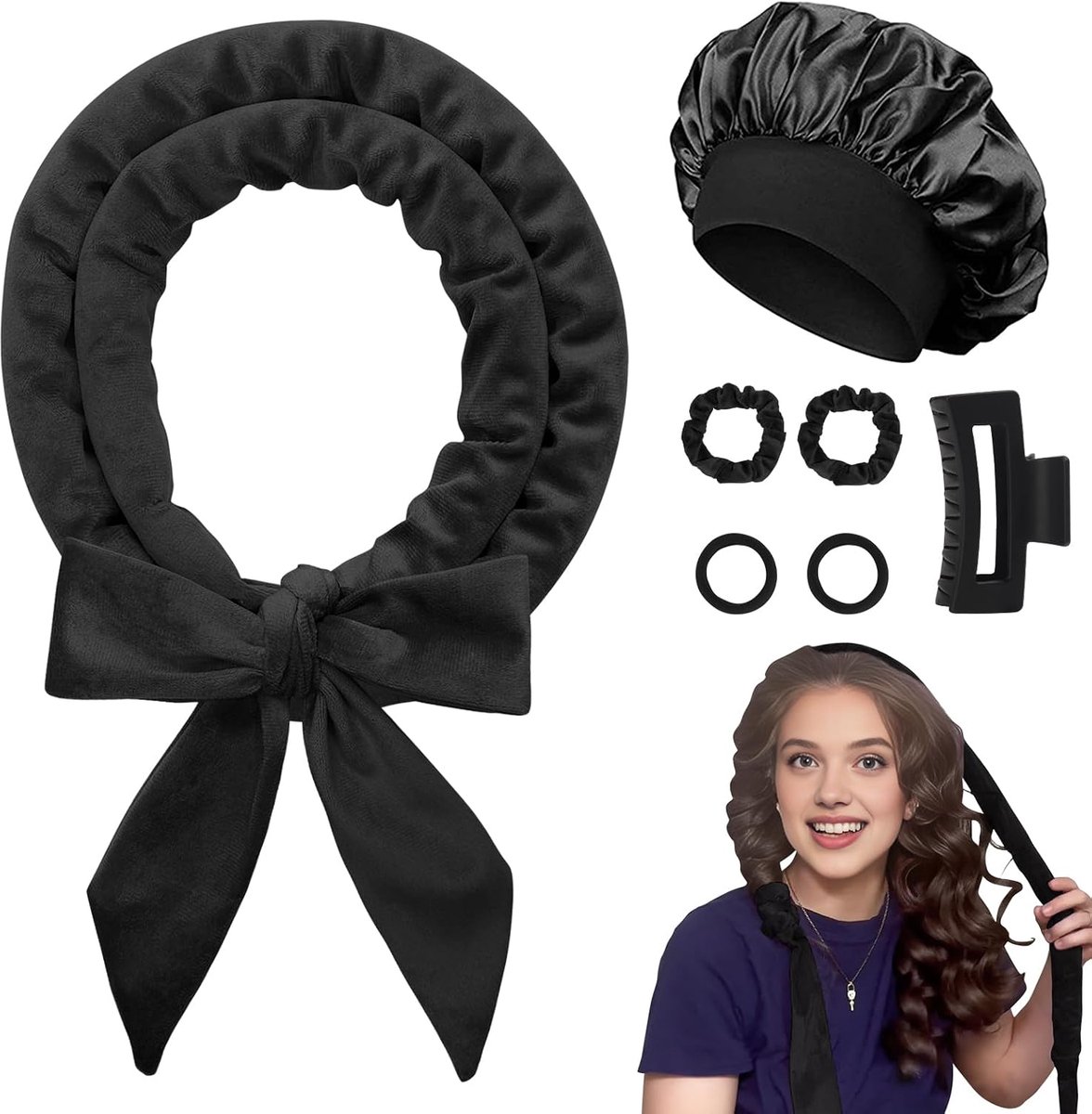 Krulspelden zonder hitte, krulspelden voor 's nachts, geen warmte om in te slapen, 7 stuks zonder hitte, krullen, hitteloze krulspelden, set met bonnet voor vrouwen en meisjes