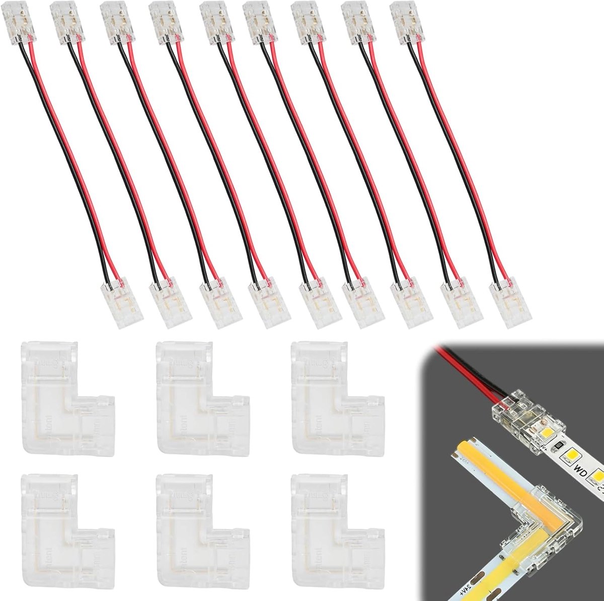 15 stuks 2-pins 8 mm COB LED-stekker, COB LED-connector 8 mm 2-pins, 9 T-vorm en 6 L-vorm voor 8 mm ledstrips 12 V 24 V, soldeervrij systeem voor eenvoudige installatie, verbindingsstekker