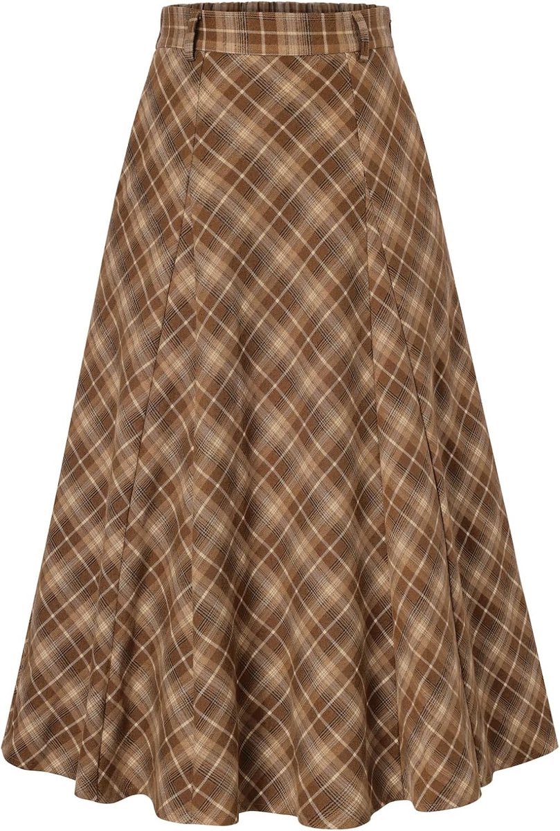 Kasin Damesrok, lange maxi-rok, geruit, hoog getailleerd, Schotse rok