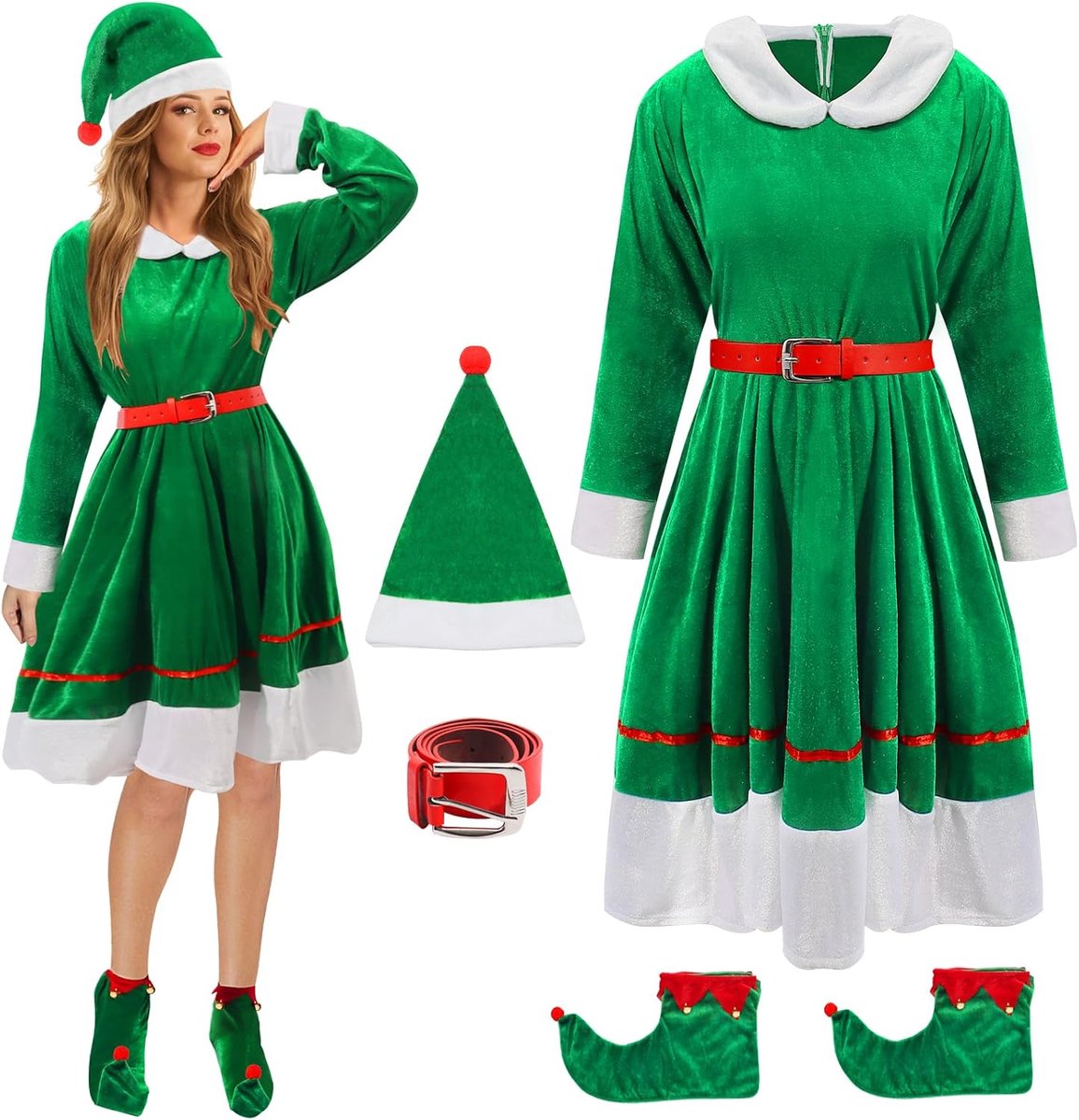 Kerstkostuum voor dames, volwassenen, met groene jurk, riem, gestreepte sokken, kerstmuts, groene elfjurk voor Kerstmis, cosplay, feestkostuum