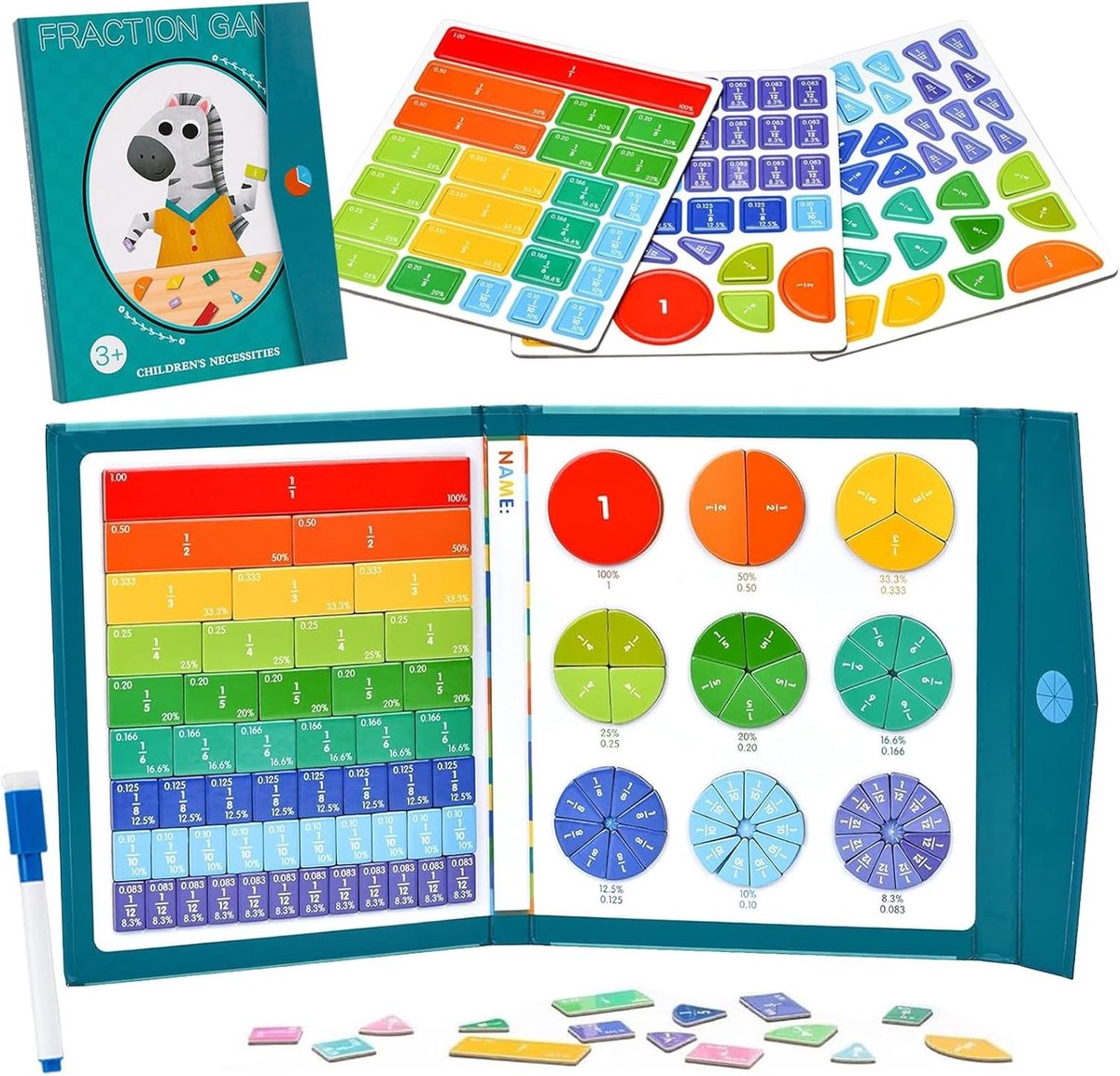 Multicolor Montessori materiaal voor breuken, magnetisch rekenspel voor wiskunde, educatief speelgoed voor leren en onderwijzen van breuken