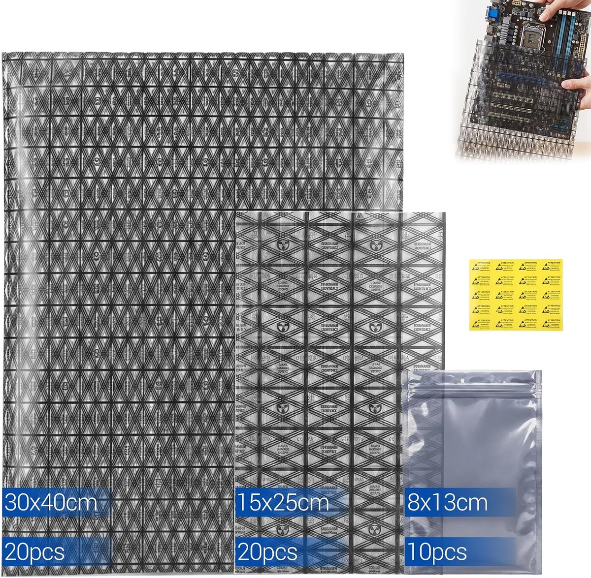 40 antistatische zakken 15 × 25 cm & 30 x 40 cm & 10 ESD Ziplock 8 x 13 cm