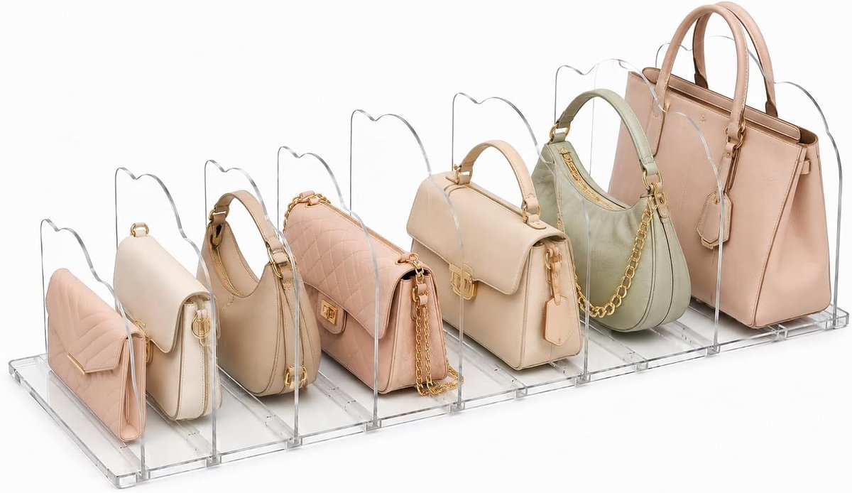 Handtas organizer voor kledingkast, 18,5 cm hoog, doorzichtige plastic portemonnee organizer voor kast, 2 stuks tas plank verdeler in slaapkamer/kast, handtas opbergoplossingen