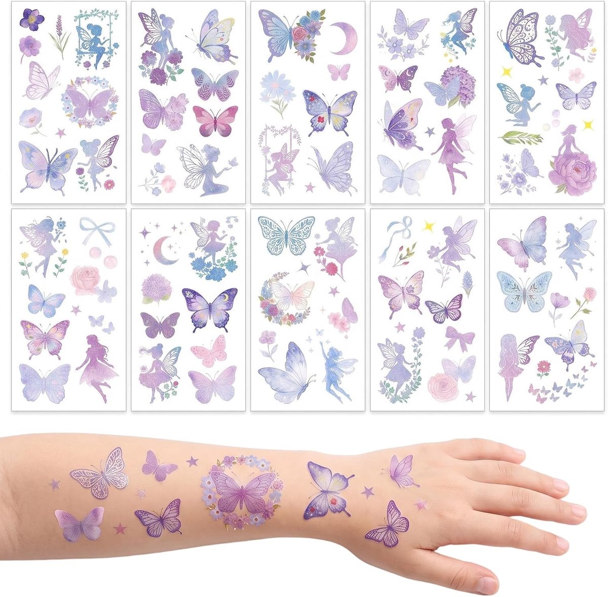 10 vellen vlindertatoeages voor kinderen, glitter, kindertatoeages voor meisjes, set waterdicht, tijdelijke tatoeages, huidvriendelijk, cadeautjes voor kinderverjaardag en schoolzakje