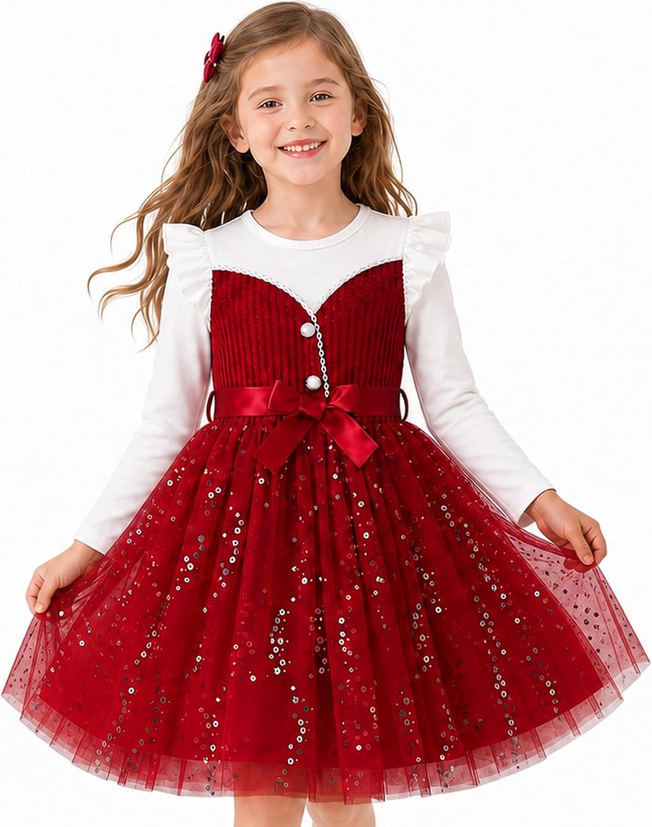 Meisjesjurk: T-shirt met lange mouwen, zachte tutu-tulejurk, verjaardagsfeest, bruiloft, prinsessenjurk, cadeaus, kinderkleding, 3-10 jaar