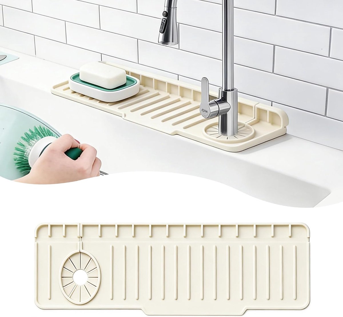 Waterkraanmat, Kraanmat Gootsteen Spatbescherming, Universele Eenzijdige Passvorm Voor Links & Rechts Kraan, Gootsteenmat Spatplaat Voor Keuken & Badkamer (Gebroken wit, 50×15 cm)