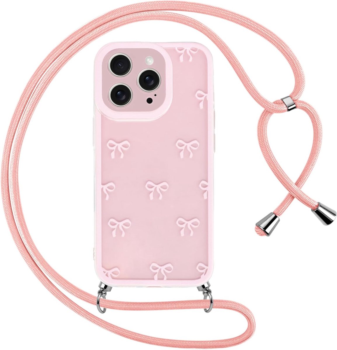 Case met koord voor iPhone 16 Pro Max 6,9 inch (17,5 cm), transparant, esthetisch vlinderpatroon, zomer, schattig patroon met halsketting, bumpercase, camerabescherming voor vrouwelijk, roze