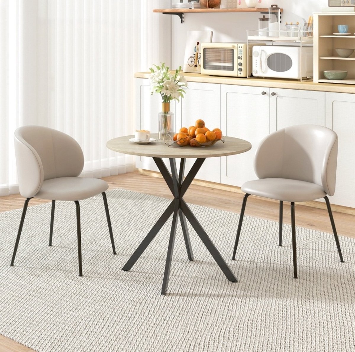 FloraGrace Ronde Eettafel 80 cm voor 2 Personen Industriële Stijl met X-Vormige Stalen Poten Houten Tafelblad in Eikenkleur voor Eetkamer en Keuken