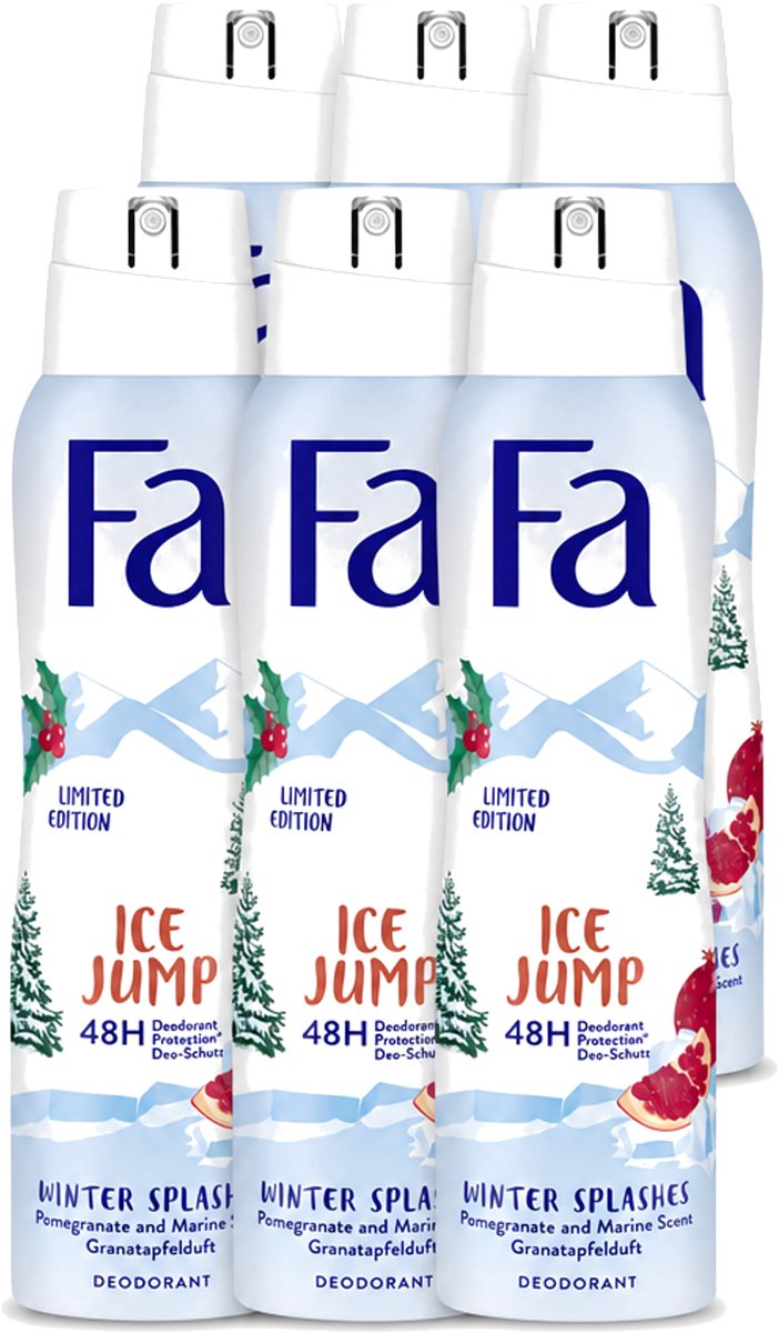 6 x Fa - Deodorant Spray - Winter Splashes Ice Jump - Koel - 48 uur Bescherming - 150 ml - Voordeelverpakking - 6 stuks
