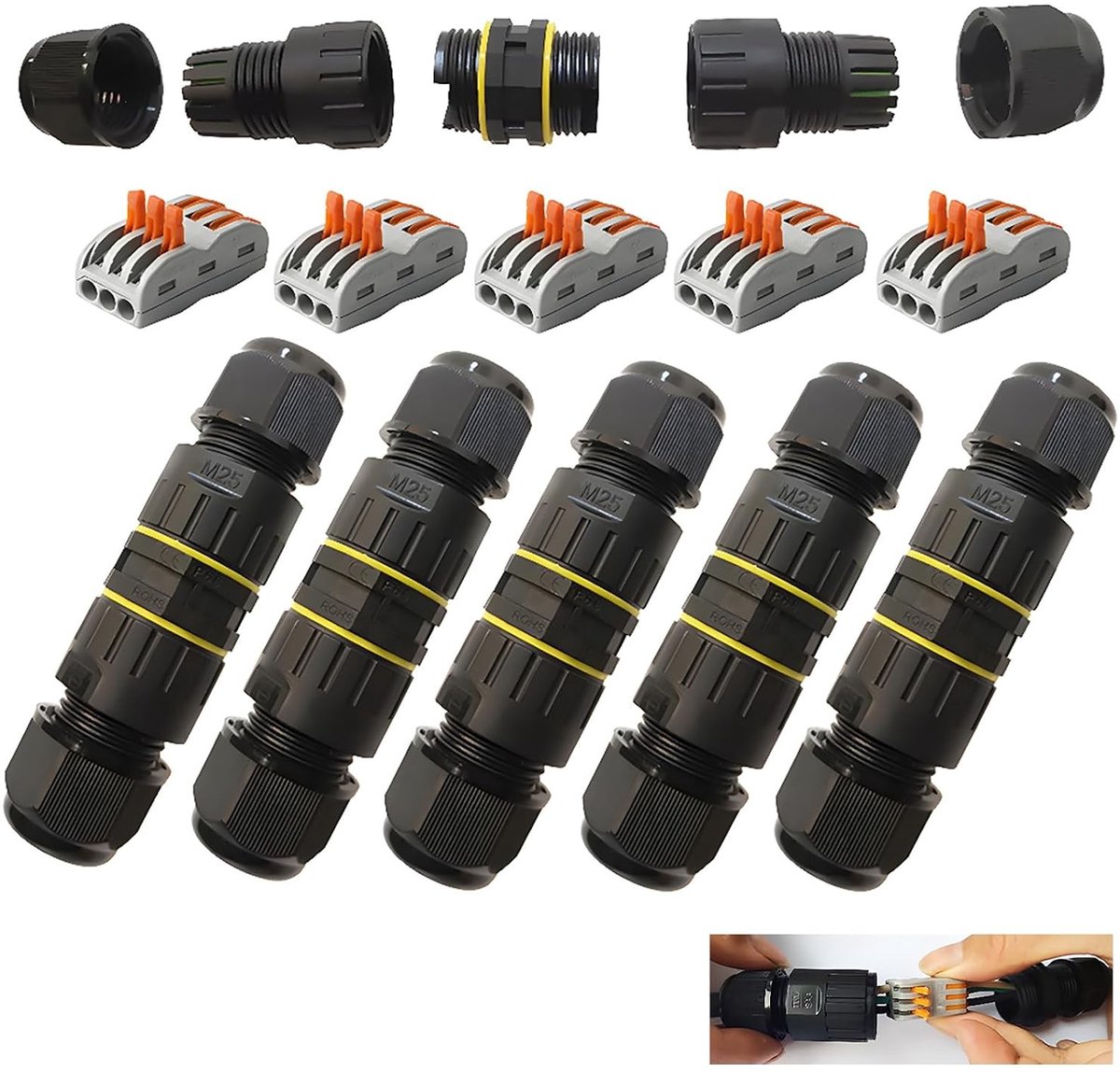 Waterdichte 3-Weg Junction Box voor Elektrische Verbindingen, M25 Outdoor Stekkerdoos, Geschikt voor Draadmaat 6-11mm (5 Stuks)