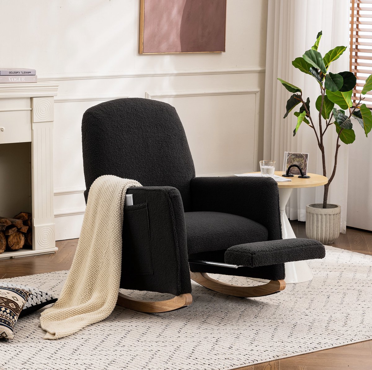 MEUNIQ Schommelstoel met hocker 67 x 126 x 98 cm – relaxfauteuil met hoge rugleuning, armleuningen, teddy stof en houten onderstel voor woonkamer – Donkergrijs
