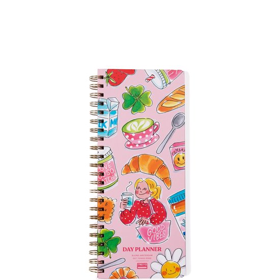 Planificateur rose avec des illustrations d'articles de petit-déjeuner, de trèfles à quatre feuilles et 'Good Vibes'. Le texte 'DAY PLANNER' est visible.
