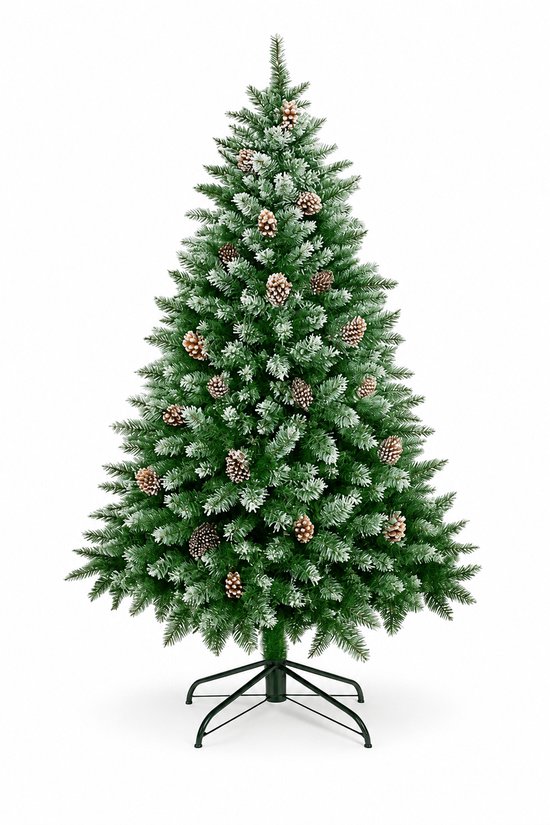 Kunstkerstboom met sneeuw – 180 cm – Realistische kunstboom met dennenappels – Inclusief metalen standaard