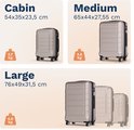 Drie koffers in roségoud: Cabin (54x35x23,5 cm, 2,7 kg), Medium (65x44x27,55 cm, 3,6 kg) en Large (76x49x31,5 cm, 4,0 kg).