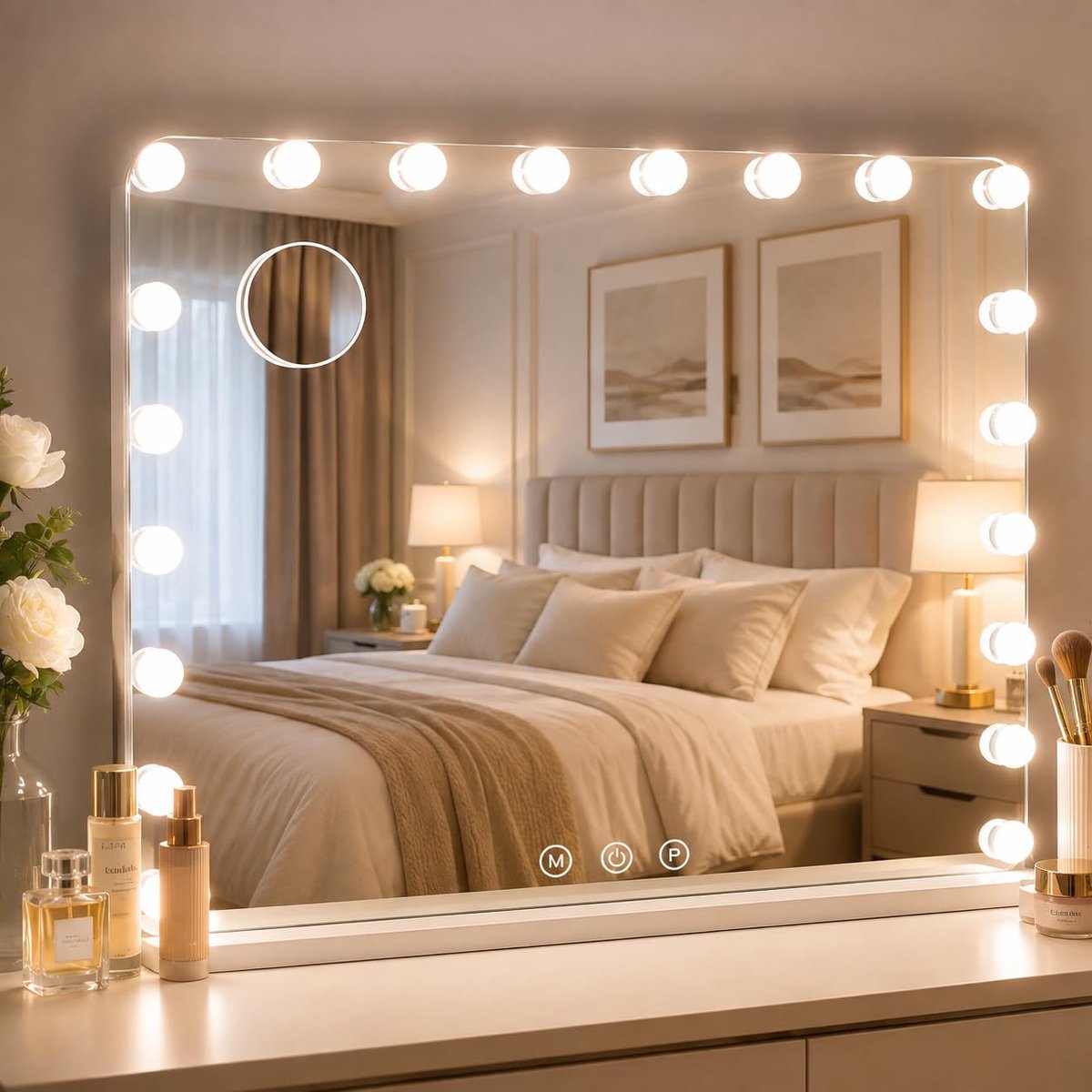 MAMIZO Hollywood Spiegel Met Verlichting - Make-Up Spiegel - 80x60 cm - 20 LED Lampen - 3 Lichtkleuren - USB Oplaadpoort - Wit