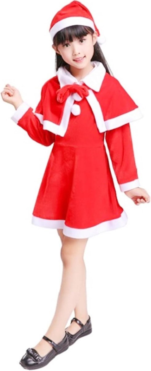 Feestelijk Kerstkostuum voor Kinderen in Rood en Wit met Hoed en Jurk - 160 cm, Perfect voor Kerstmis en Feestdagen