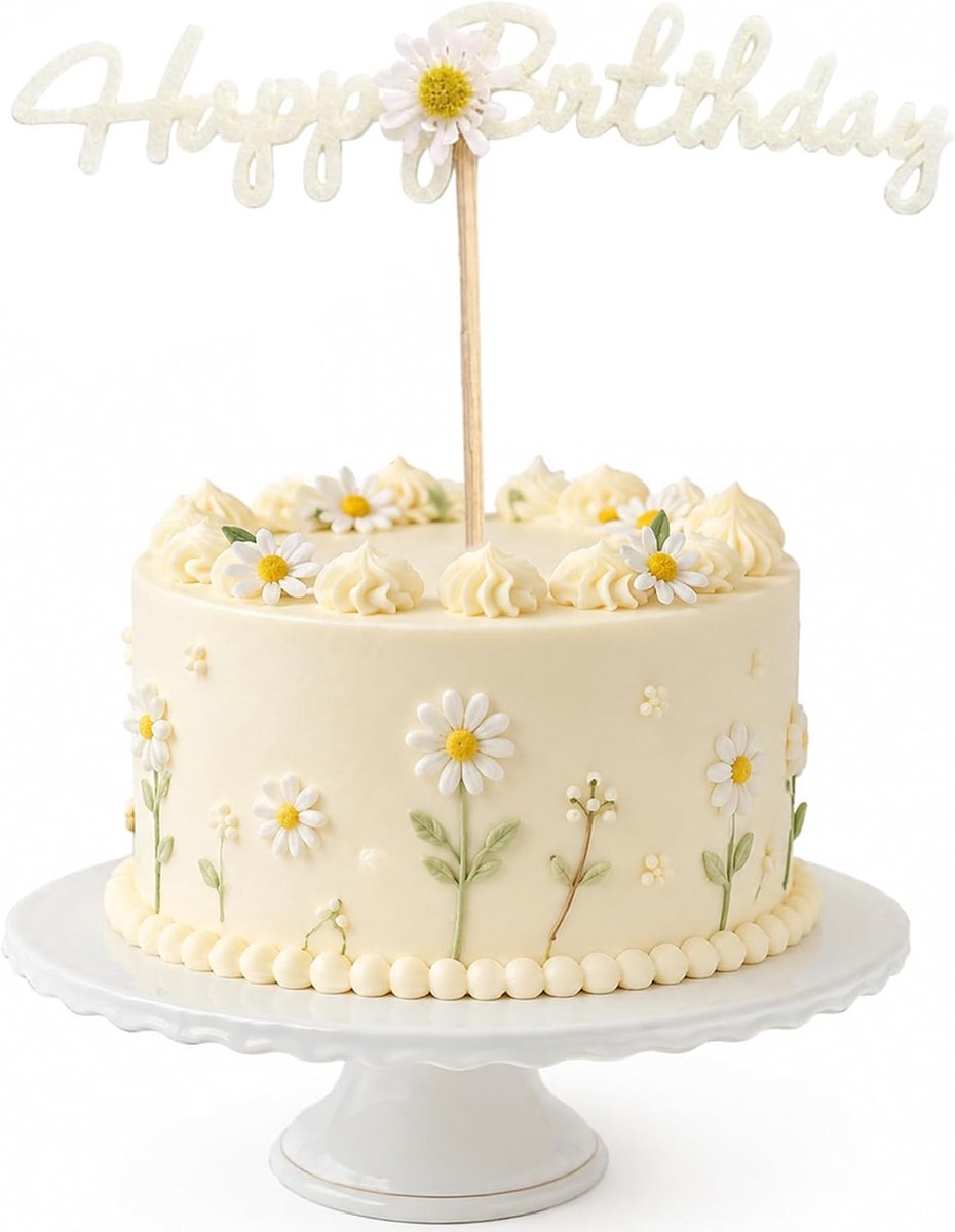 Topper van vilt met witte bloemen, letters en bloemen, decoratie voor verjaardagstaart, houten punten, herbruikbaar, zacht en elegant design