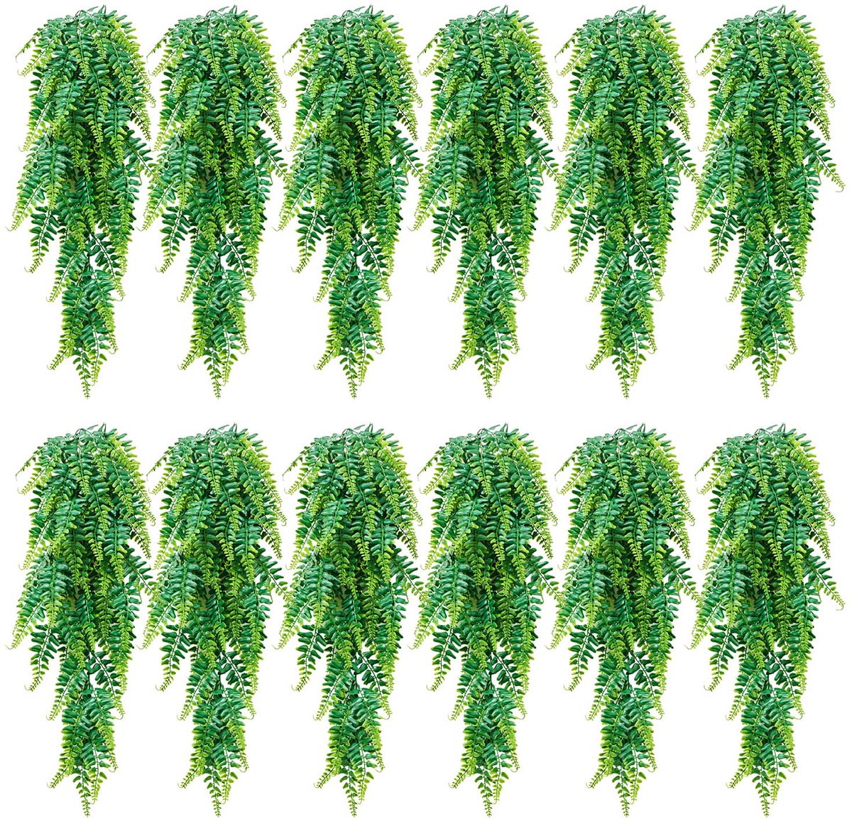 Vevor 12 stuks Kunstmatige Hangvarens, Kunstplanten met een Hanglengte van 79 cm, Gemaakt van Synthetische en Zijden Stof, UV-Bestendige Kunstmatige Bostonvarens voor Huis, Tuin- en Kantoordecoratie, Zonder Bloempot Groen