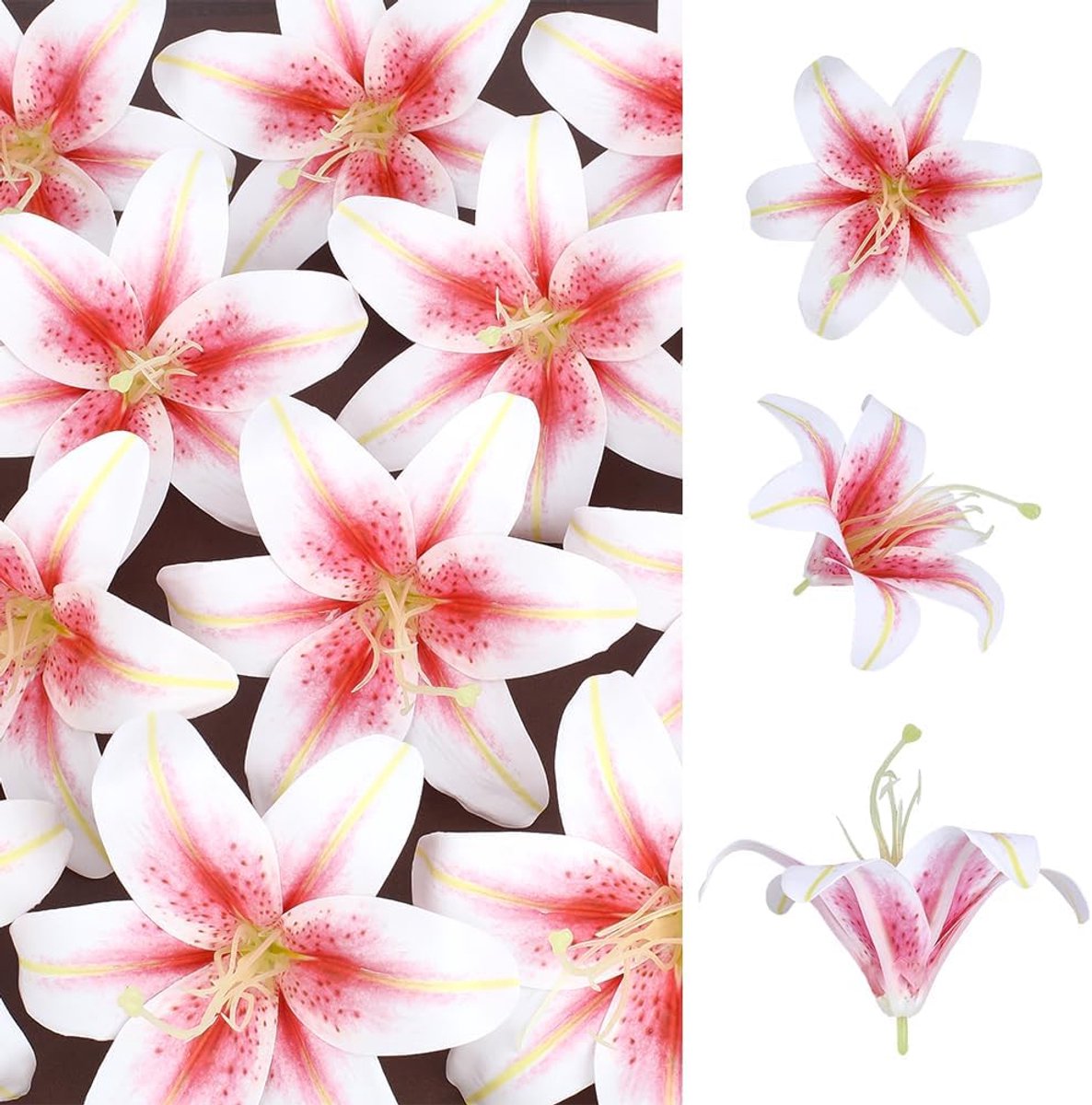 Kunstbloemen, PVC kunstmatige lelie bloemhoofden realistische lelie bloemblaadjes met afneembare meeldraden voor bruiloft boeketten, woondecoratie, doe-het-zelf ambachten