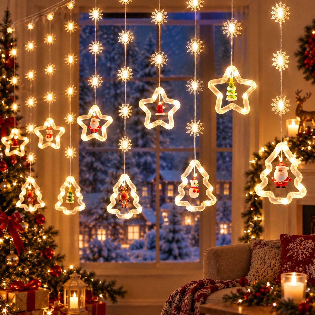 Meedeer Kerst Raamverlichting-3 m x 0,6m-LED String-USB-Met afstandsbediening & haak & Timer-binnen-hangende lichtjes ster sneeuwvlok kerstboom-woningdecoratie-voor Indoor Party Bruiloft Slaapkamer (Warm Wit)